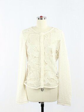 ZARA Ecru Ivory Contrast Cotton Blend Lace Knit Cardigan Sweater, Size XL